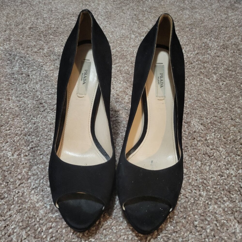Prada AUTHENTIC Suede leather Black Peep Open Toe Platform Heel Pump, Size 38